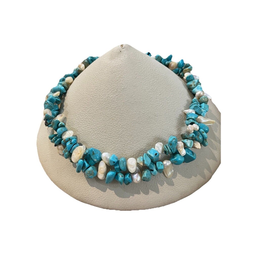 Double Strand Turquoise Chip & Mother Of Pearl Necklace Southwestern Beach